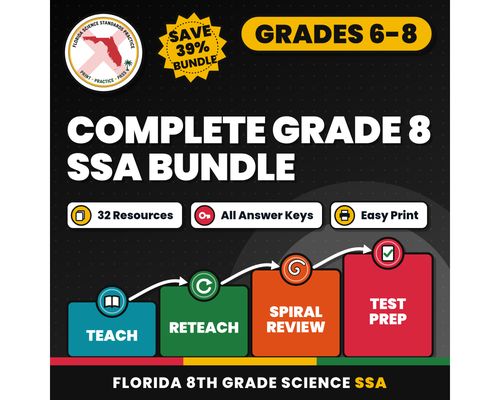 Cover: Complete Grade 8 Science Test Bundle, Florida 8th Grade Science Test Review Worksheets, Grades 6-8, Printable Middle School Science