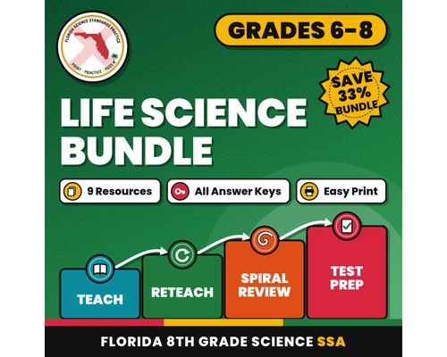 Cover: Life Science Bundle, Florida 8th Grade Science Test Review Worksheets, Grades 6-8, Printable Middle School Science, 9 Knowledge Checks