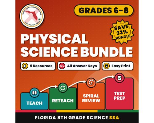 Cover: Physical Science Bundle, Florida 8th Grade Science Test Review Worksheets, Grades 6-8, Printable Middle School Science, 9 Knowledge Checks