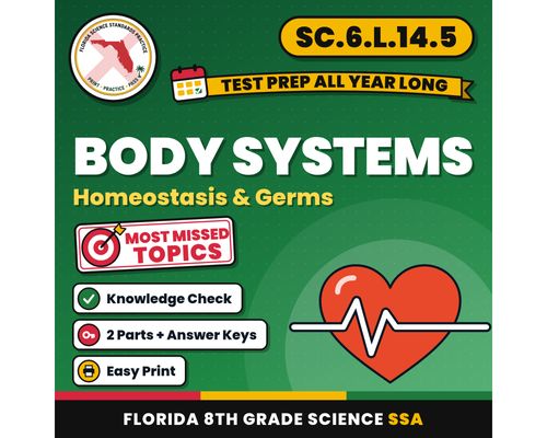 Cover: Body Systems Homeostasis and Germs Worksheets, Florida 8th Grade Science Test Review, SC.6.L.14.5 SC.6.L.14.6