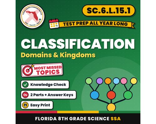 Cover: Classification Domains and Kingdoms Worksheets, Florida 8th Grade Science Test Review, SC.6.L.15.1, Printable Middle School Science