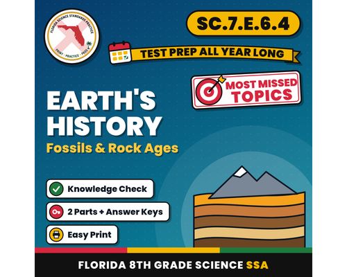 Cover: Earth’s History Fossils and Rock Ages Worksheets, Florida 8th Grade Science Test Review, SC.7.E.6.4 SC.7.E.6.3