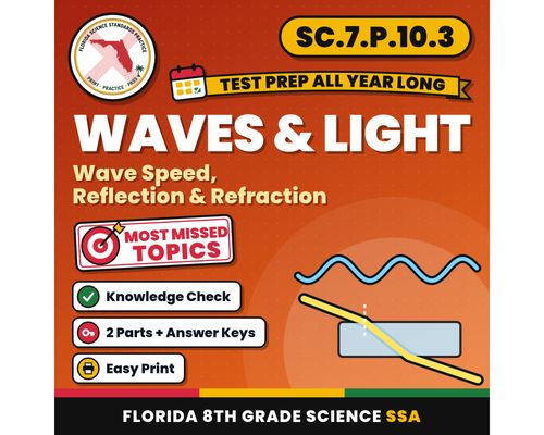 Cover: Waves and Light Wave Speed, Reflection and Refraction Worksheets, Florida 8th Grade Science Test Review, SC.7.P.10.3 SC.7.P.10.2
