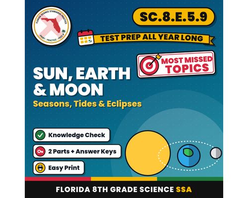 Cover: Sun, Earth and Moon Seasons, Tides and Eclipses Worksheets, Florida 8th Grade Science Test Review, SC.8.E.5.9