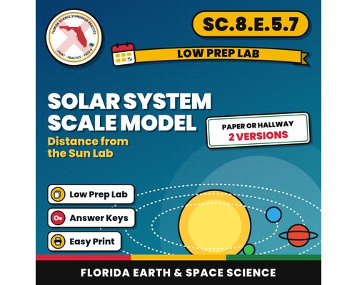 Cover: Solar System Scale Model Lab, Distance from the Sun, Paper or Hallway, Low Prep Lab, Florida 8th Grade Science, Middle School Printable