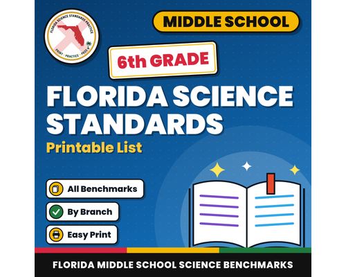 Cover: 6th Grade Florida Science Standards List, Middle School NGSSS Benchmarks Printable, Lesson Planning, Teacher Binder, 6th Grade Science
